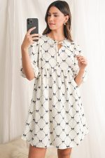 White Sweet Bow Print Lantern Sleeve Mini Dress - Image 8