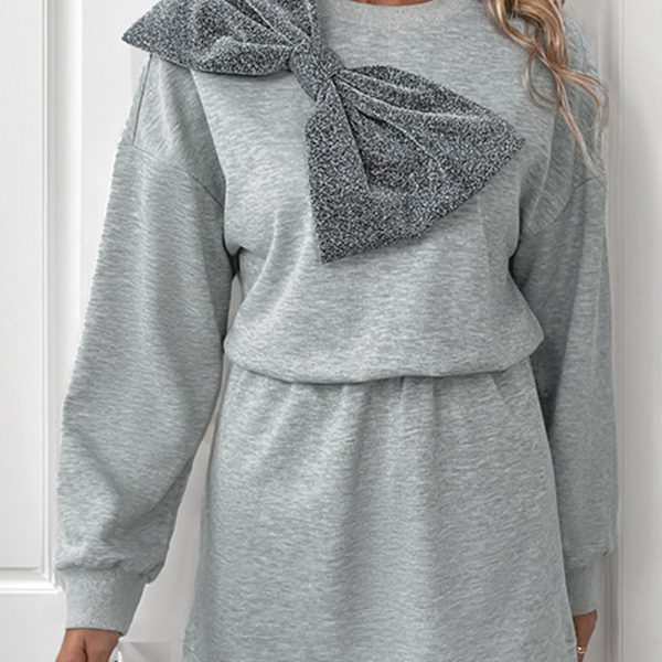 Gray Glitter Bow High Waist Sweatshirt Dress