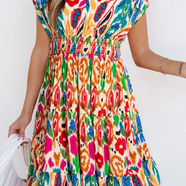 Sky Blue Abstract Print V Neck Dolman Sleeve Ruffle Tiered Mini Dress