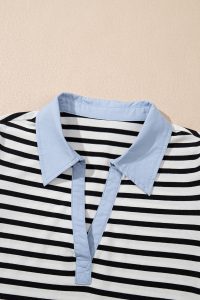 Black Stripe Collared Puff Sleeve Pocketed Mini Dress - Image 11