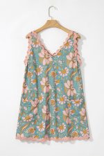 Sky Blue Allover Floral Print Ricrac Sleeveless Boho Mini Dress - Image 8