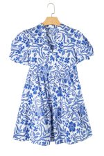 Blue Flower Print Puff Sleeve Ruffle Mini Dress - Image 15