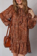 Brown Leopard Print Tie Neck Loose Fit Mini Dress - Image 7