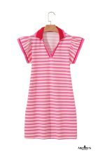 Sachet Pink Striped Ruffle Short Sleeve Pop of Color Neckline Dress - Image 14