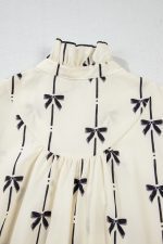 Beige Cute Bowknot Printed Bubble Sleeve V Neck Mini Dress - Image 15
