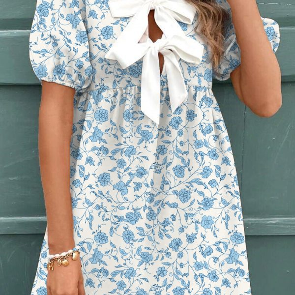 Sky Blue Floral Bow Front Puff Sleeve Mini Dress