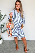Blue Striped Collared Half Button Side Pockets Loose Fit Mini Dress - Image 4