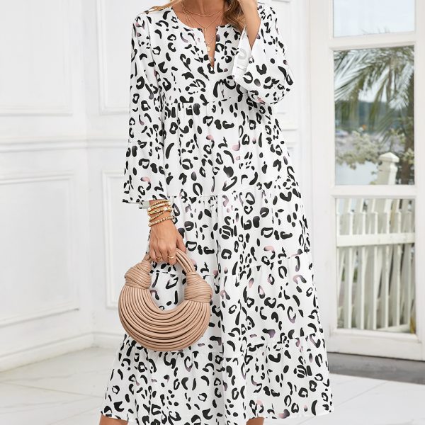 White Leopard Print Notch V Neck Loose Fit Maxi Dress