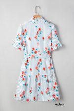 Sky Blue Striped Floral Print Ruffle Belted Mini Dress - Image 5