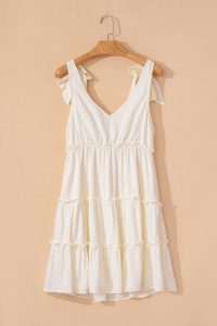 Oatmeal Solid Color Tie Strap Ruffle Tiered Mini Dress - Image 10