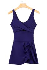 Navy Blue Adjustable Straps Cutout Ruched Knot Slit One Piece Swim Dress - Image 18