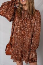 Brown Leopard Print Tie Neck Loose Fit Mini Dress - Image 3