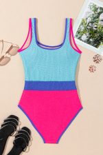 Rose Red Textured Colorblock One Piece Swimsuit - Image 8