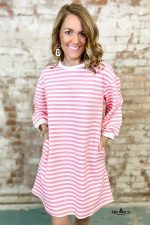 Sachet Pink Striped Contrast Trim Long Sleeve Mini Dress - Image 3