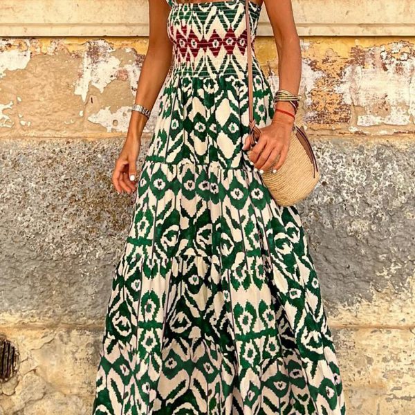 Green Boho Shirred A line Sleeveless Maxi Dress