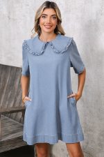 Beau Blue Frill Trim Peter Pan Collar Denim Babydoll Dress - Image 7
