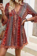 Red Boho Colorblock Deep V Neck Mini Dress - Image 3