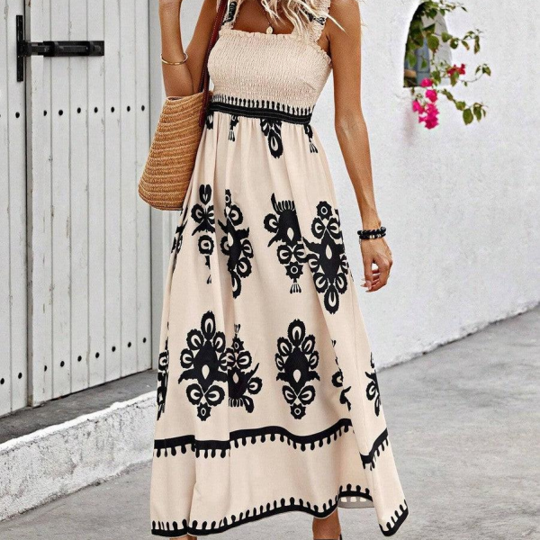 Apricot Boho Print Smocked Ruffle Sleeveless Maxi Dress