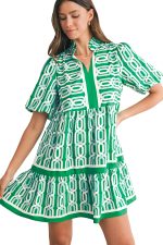 Bright Green Abstract Print Puff Sleeve Pop of Color Neckline Dress - Image 9