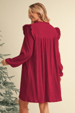 Fiery Red Frill Trim V Neck Loose Fit Ribbed Mini Dress - Image 2