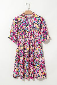 Pink Floral Puff Short Sleeve V Neck Mini Dress - Image 7