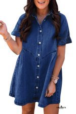 Dark Blue Short Sleeve Button Up Loose Denim Shirt Dress - Image 3