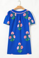 Blue Striped Trim Short Sleeve Split Neck Floral Mini Dress - Image 4