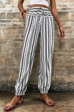 Black Stripe Geometric Print Drawstring Cuff Pants - Image 3
