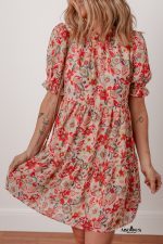 Multicolour Floral Print Frilled Neck Puff Sleeve High Waist Dress - Image 3
