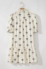 Beige Cute Bowknot Printed Bubble Sleeve V Neck Mini Dress - Image 10