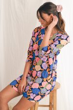 Navy Blue Hydrangea Floral V Neck Puff Sleeve Dress - Image 5