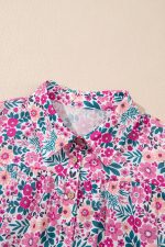 Pink Allover Floral Print Collar Half Button Short Sleeve Loose Dress - Image 8