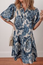 Blue Boho Floral Print Buttoned Collared Loose Fit Mini Dress - Image 4