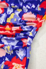 Blue Floral Ruffle Trim V Neck Backless One Piece Swimsuit - Image 14