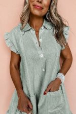 Green Stripe Frill Trim Pocket Button Up Mini Dress - Image 7