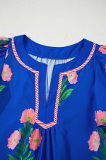 Blue Striped Trim Short Sleeve Split Neck Floral Mini Dress - Image 11