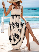 Apricot Boho Print Smocked Ruffle Sleeveless Maxi Dress - Image 3