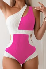 Bright Pink Color Block Cut Out One Shoulder One Piece Swimsuit
