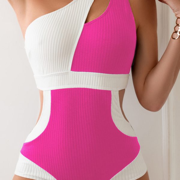 Bright Pink Color Block Cut Out One Shoulder One Piece Swimsuit