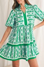 Bright Green Abstract Print Puff Sleeve Pop of Color Neckline Dress