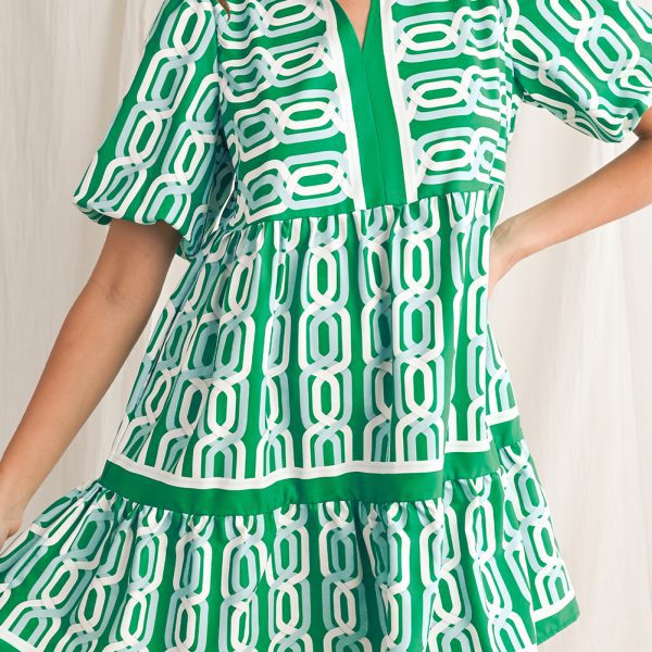 Bright Green Abstract Print Puff Sleeve Pop of Color Neckline Dress