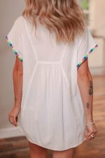 White Colorful Fringed Detail Tassel Tie Neck Short Sleeve Cover Up - Image 2