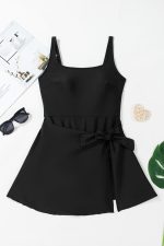 Black Side Tied Waist Square Neck Adjustable Straps A Line One Piece Swim Dress - Image 7