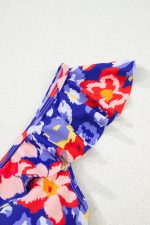 Blue Floral Ruffle Trim V Neck Backless One Piece Swimsuit - Image 15