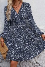 Dirty Blue Floral Print V Neck Long Sleeve Mini Dress - Image 3
