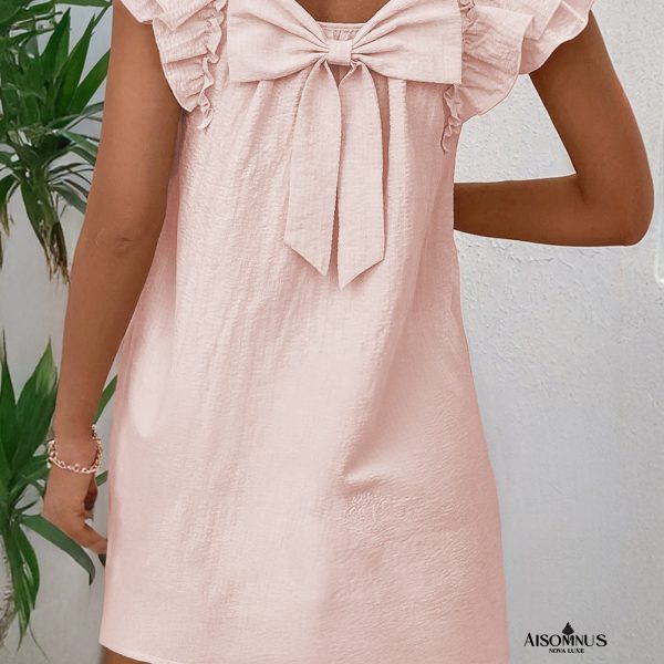 Light Pink Textured Flutter Sleeve Square Neck Bow Back Mini Dress
