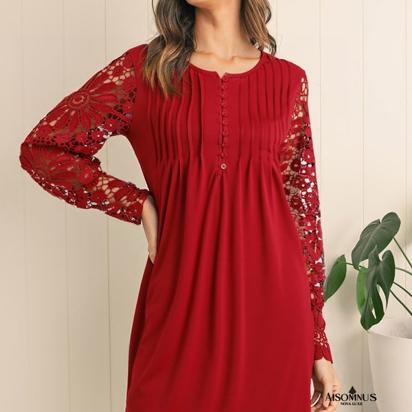 Burgundy Pleated Lace Sleeve Shift Mini Dress