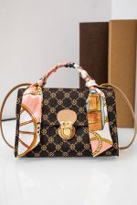 Coffee Geometric Pattern Ribbon Decor PU Leather Bag - Image 3