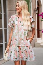 Pink Floral Contrast Edge Ruffle Sleeve Tie Neck Mini Dress - Image 6
