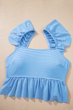 Sky Blue Striped Ruffled Shoulder Peplum Top 2 Piece Tankinis - Image 5